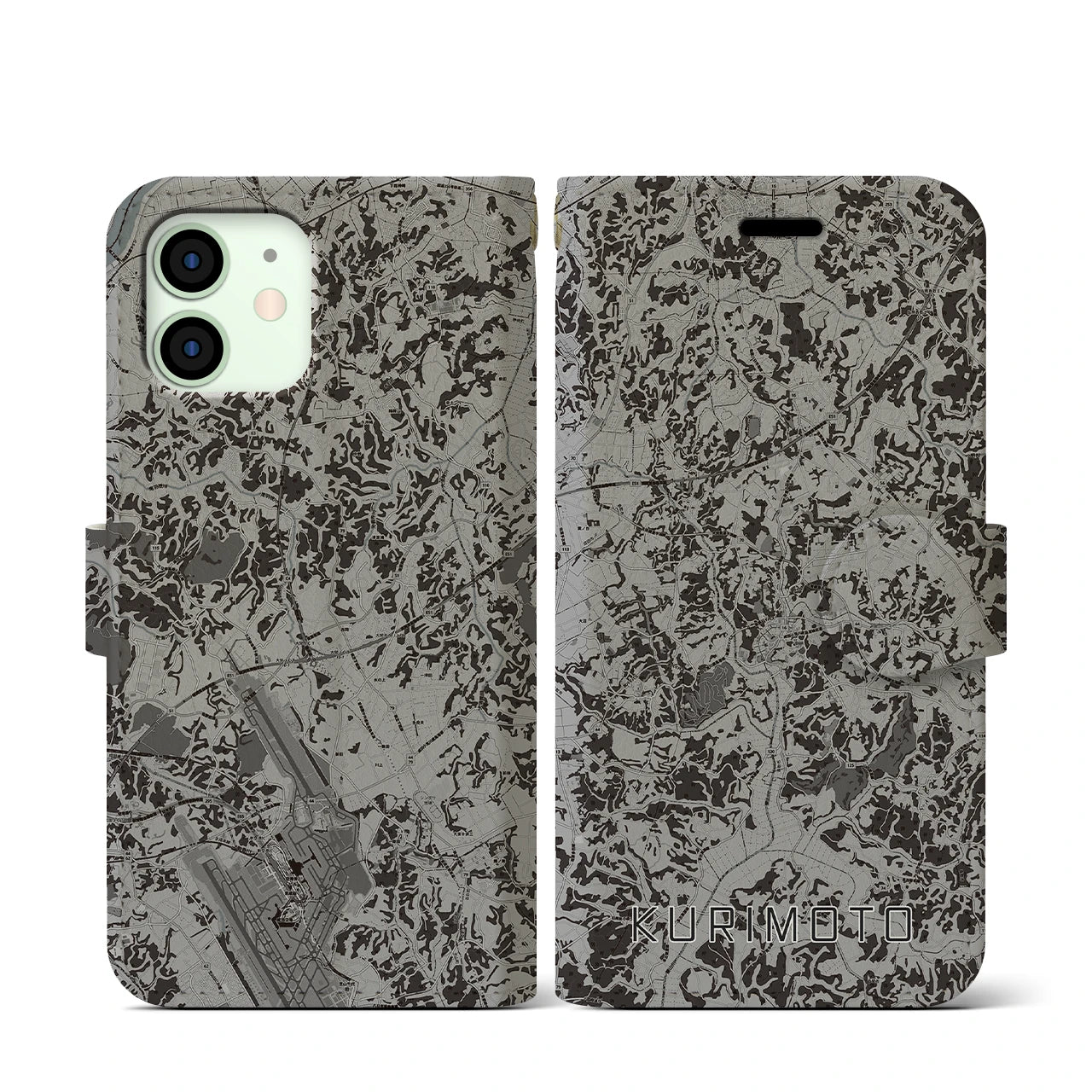 【栗源(千葉県)】地図柄iPhoneケース(手帳タイプ)モノトーン・iPhone 12 mini 用