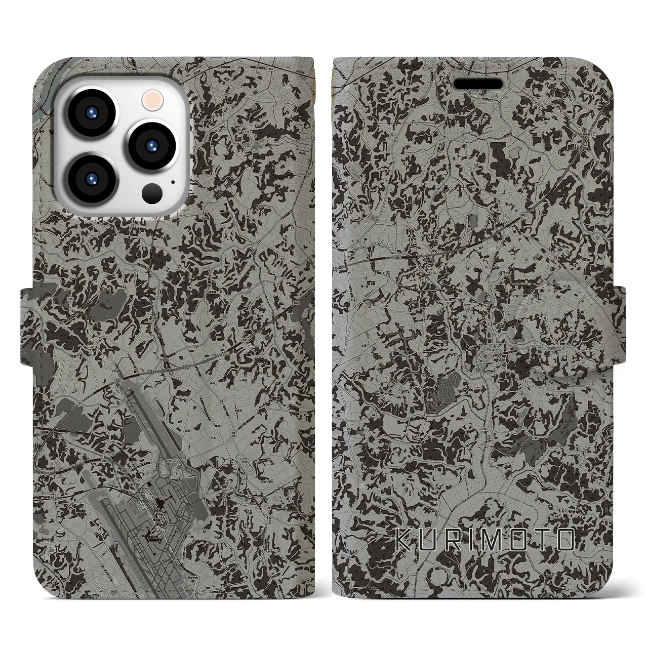 【栗源(千葉県)】地図柄iPhoneケース(手帳タイプ)モノトーン・iPhone 13 Pro 用