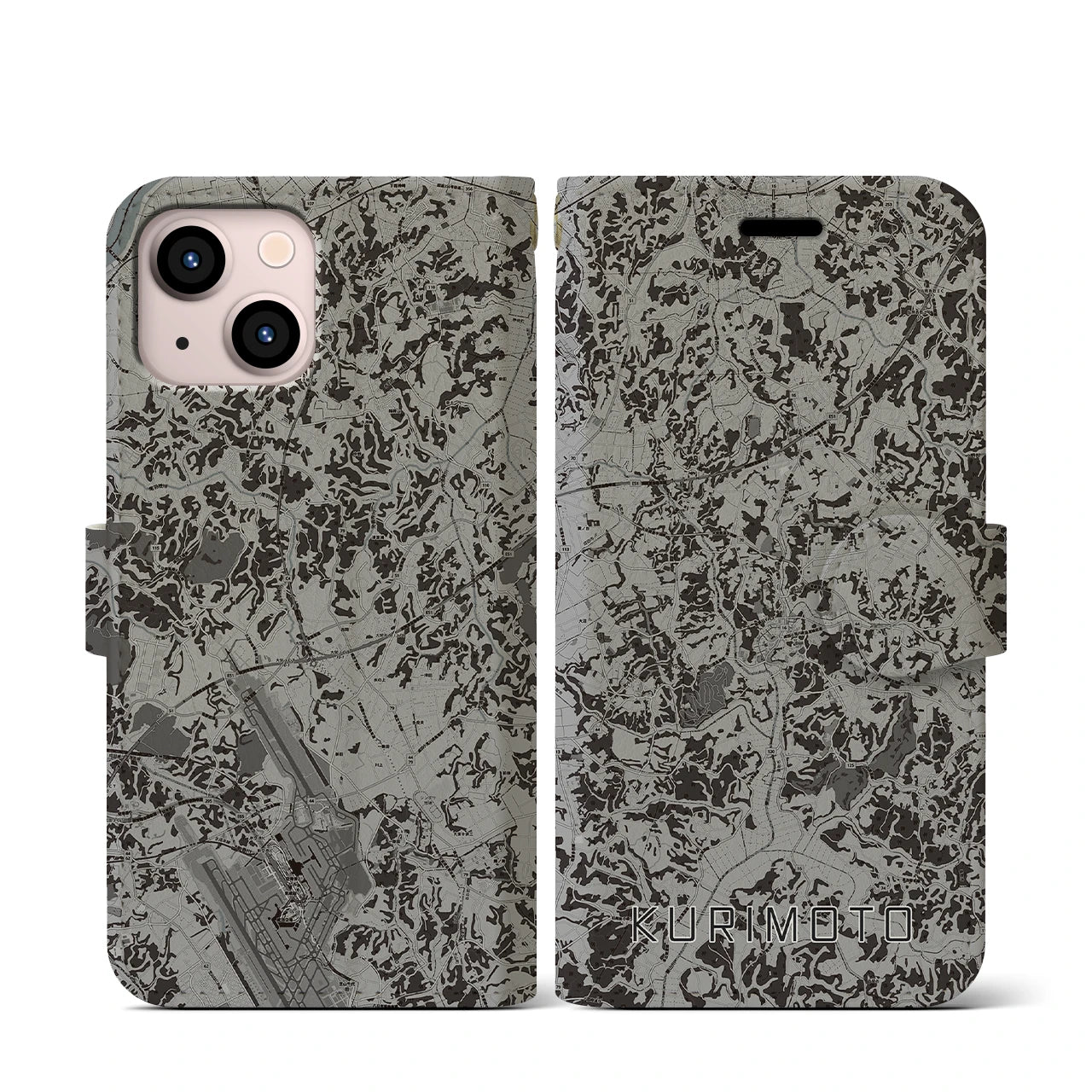 【栗源(千葉県)】地図柄iPhoneケース(手帳タイプ)モノトーン・iPhone 13 mini 用