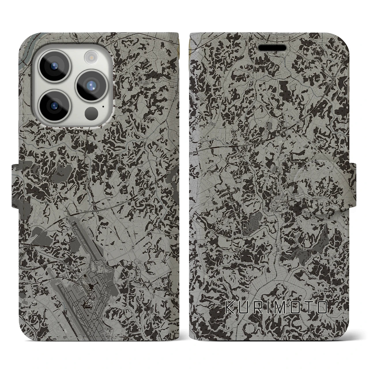【栗源(千葉県)】地図柄iPhoneケース(手帳タイプ)モノトーン・iPhone 15 Pro 用