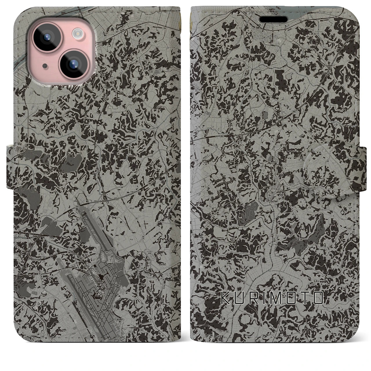 【栗源(千葉県)】地図柄iPhoneケース(手帳タイプ)モノトーン・iPhone 15 Plus 用