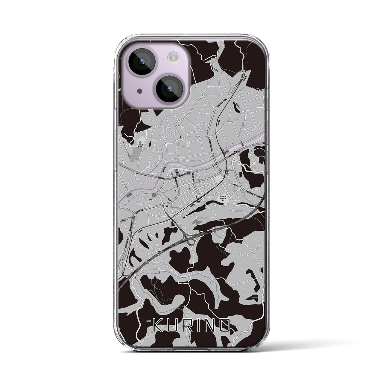 【栗野(鹿児島県)】地図柄iPhoneケース(クリアタイプ)モノトーン・iPhone 14 用