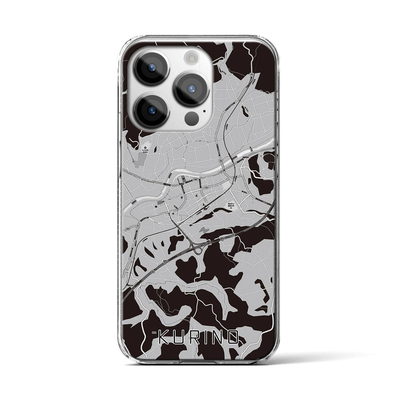 【栗野(鹿児島県)】地図柄iPhoneケース(クリアタイプ)モノトーン・iPhone 14 Pro 用