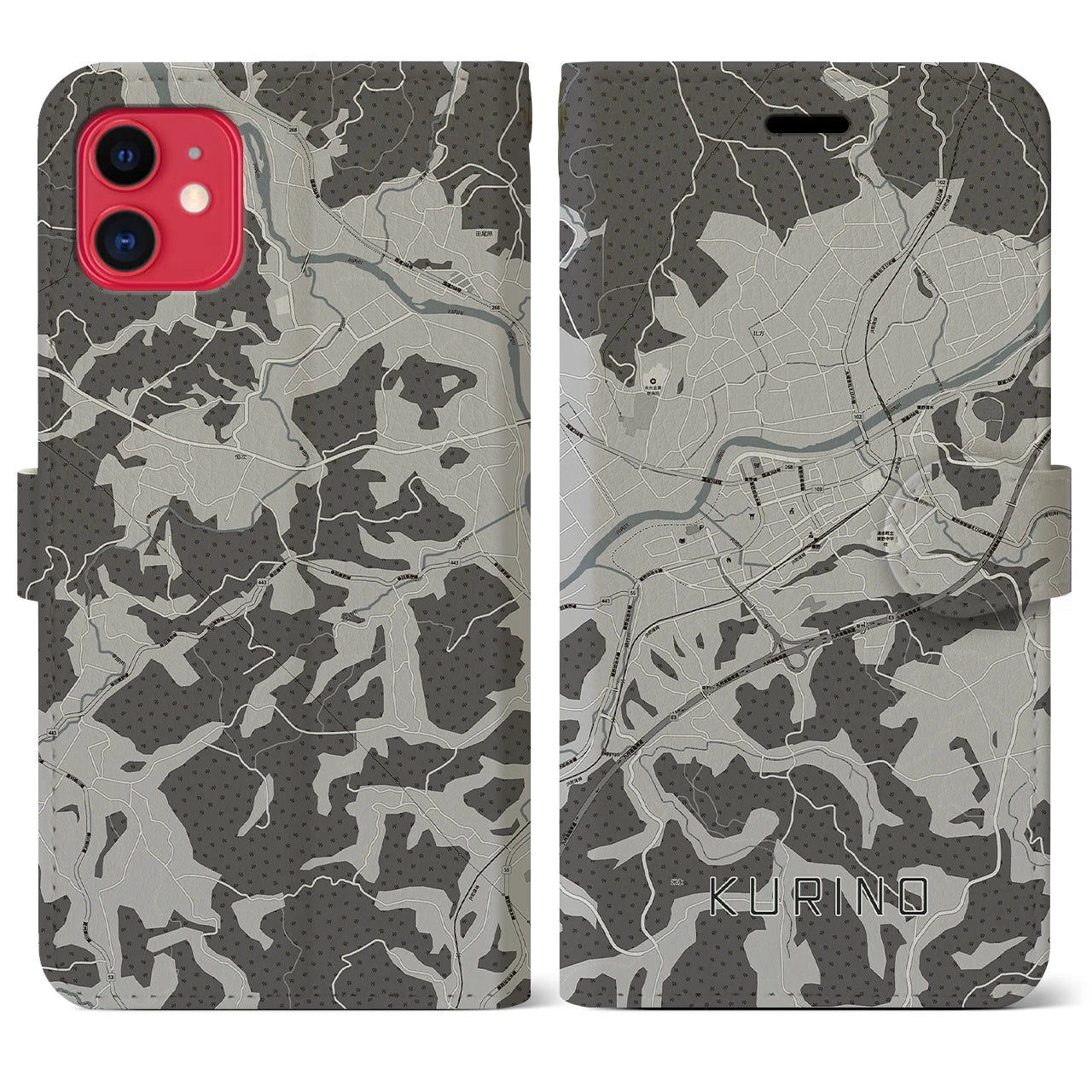 【栗野(鹿児島県)】地図柄iPhoneケース(手帳タイプ)モノトーン・iPhone 11 用