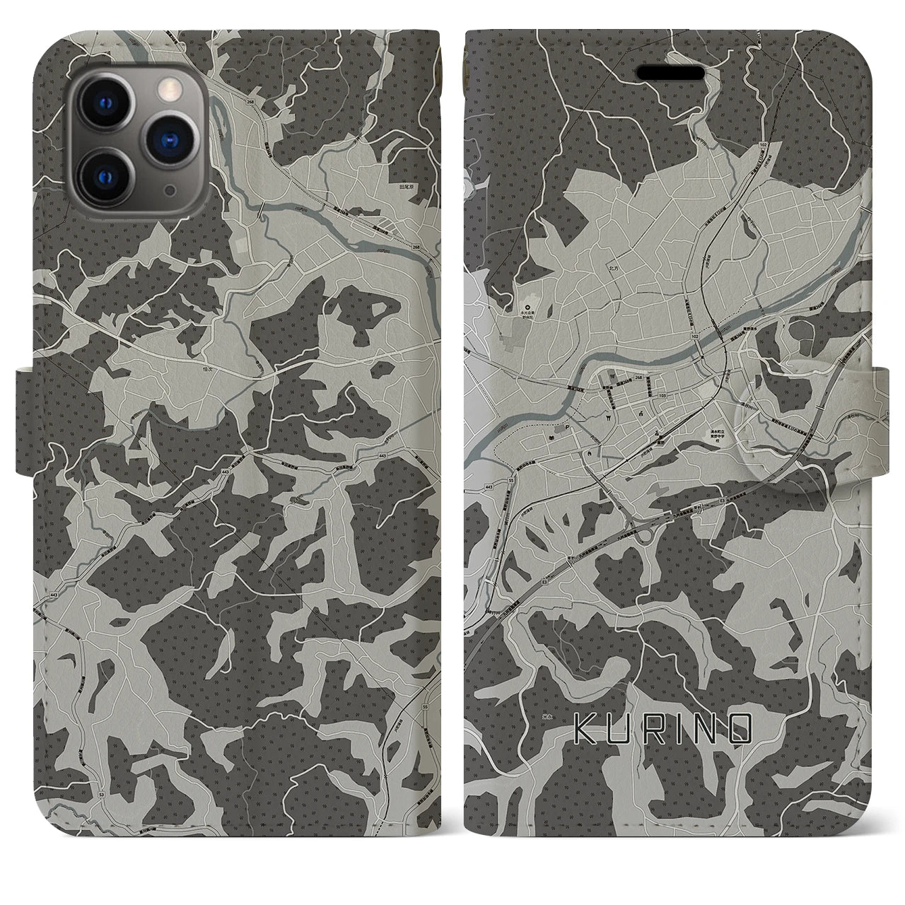 【栗野(鹿児島県)】地図柄iPhoneケース(手帳タイプ)モノトーン・iPhone 11 Pro Max 用