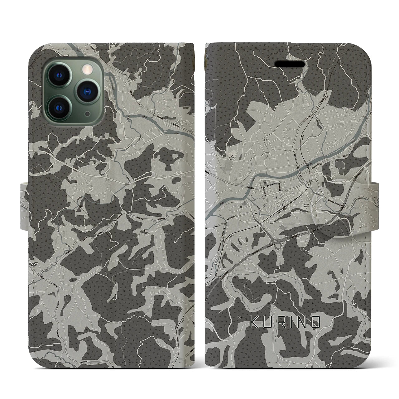 【栗野(鹿児島県)】地図柄iPhoneケース(手帳タイプ)モノトーン・iPhone 11 Pro 用