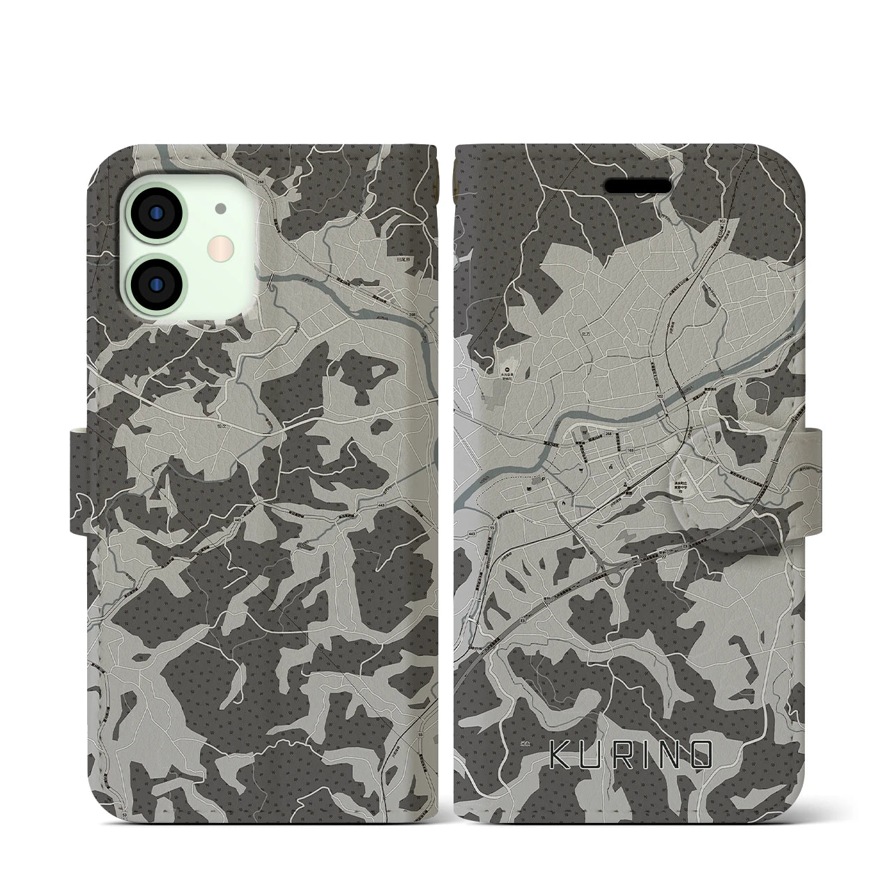 【栗野(鹿児島県)】地図柄iPhoneケース(手帳タイプ)モノトーン・iPhone 12 mini 用