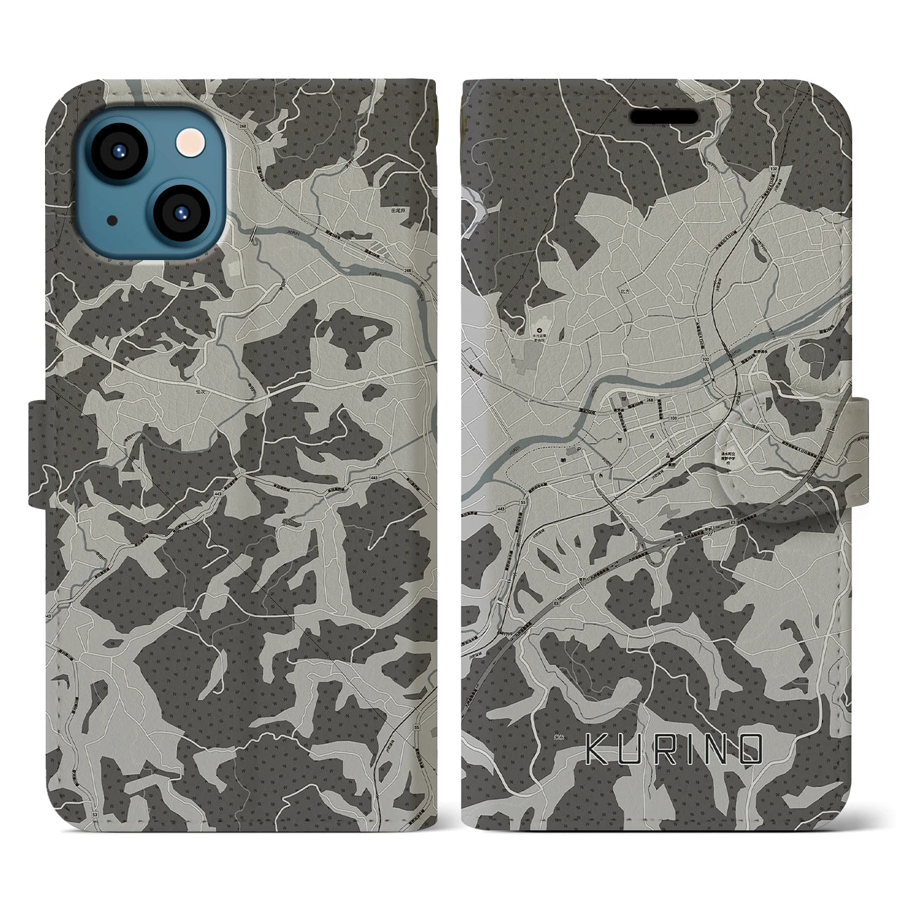 【栗野(鹿児島県)】地図柄iPhoneケース(手帳タイプ)モノトーン・iPhone 13 用