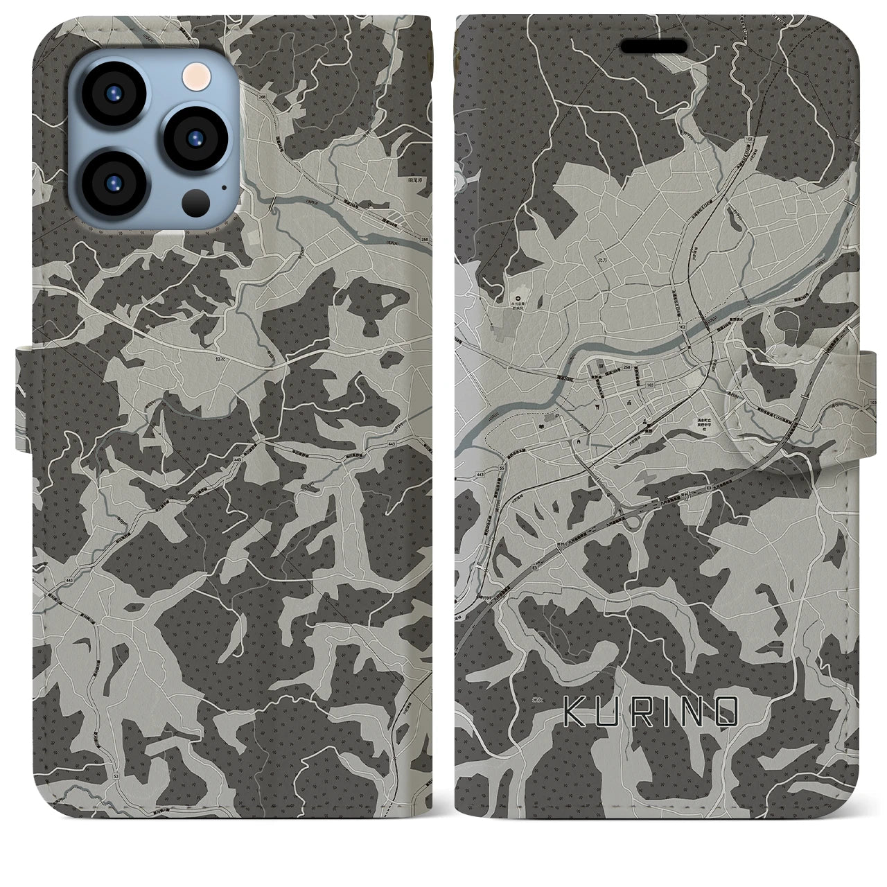 【栗野(鹿児島県)】地図柄iPhoneケース(手帳タイプ)モノトーン・iPhone 13 Pro Max 用