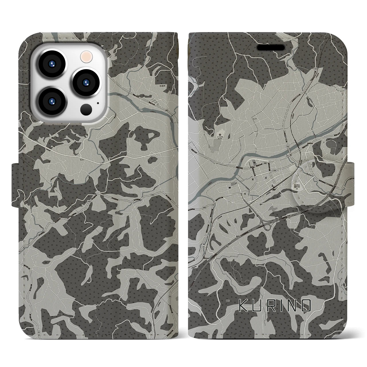 【栗野(鹿児島県)】地図柄iPhoneケース(手帳タイプ)モノトーン・iPhone 13 Pro 用