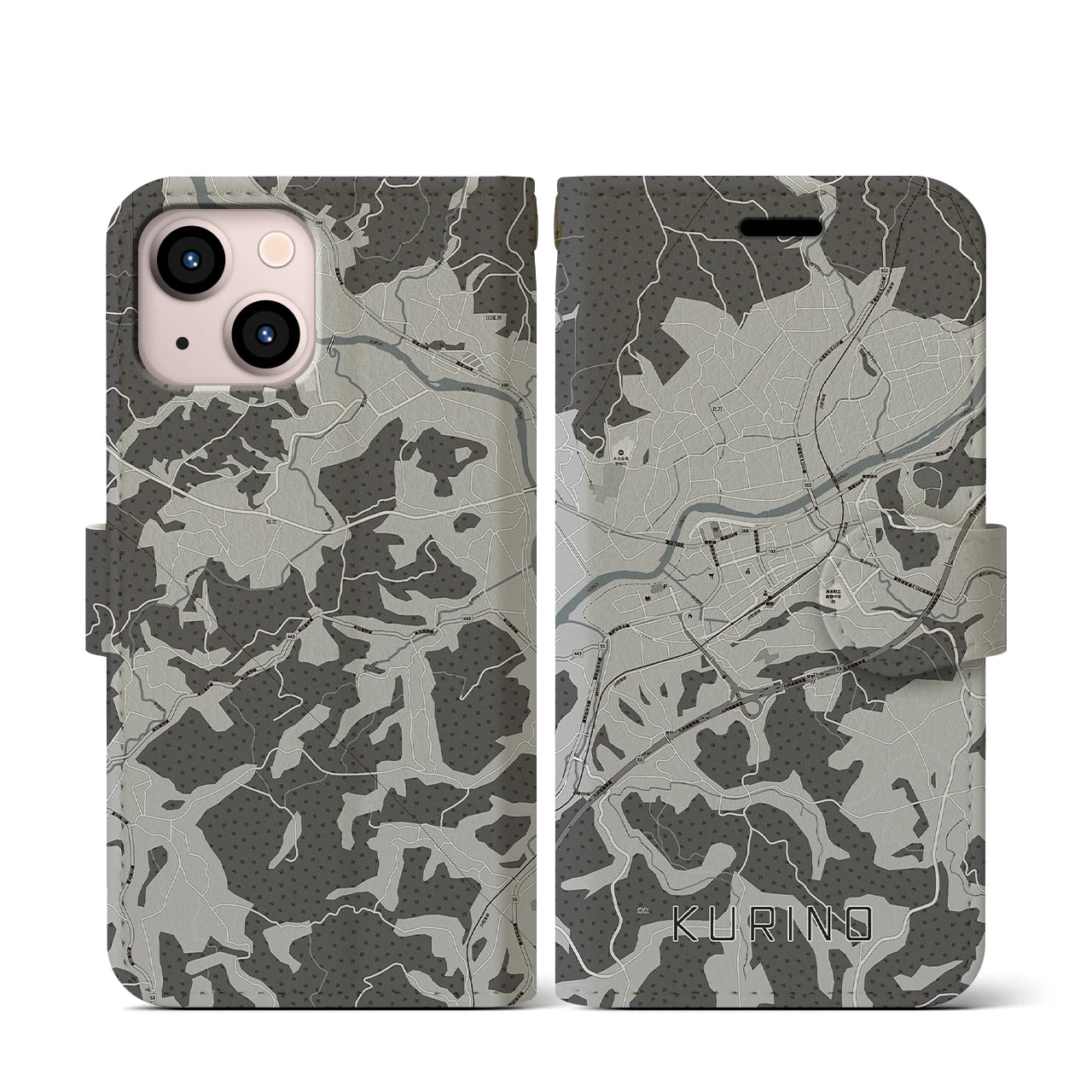 【栗野(鹿児島県)】地図柄iPhoneケース(手帳タイプ)モノトーン・iPhone 13 mini 用