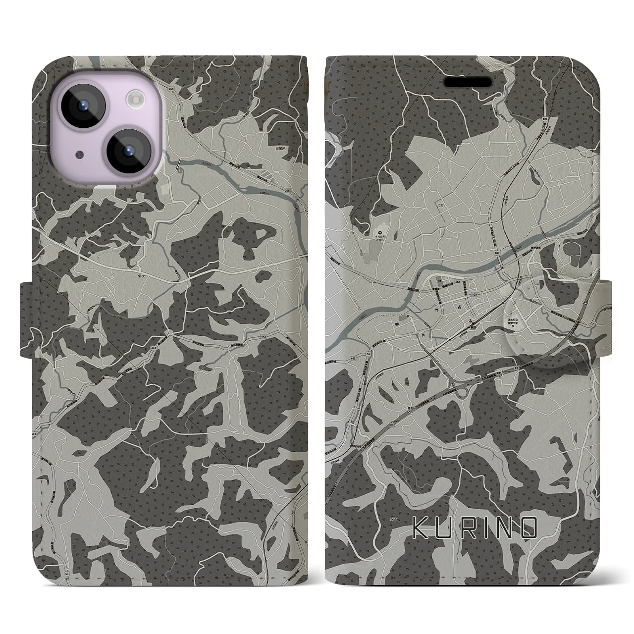 【栗野(鹿児島県)】地図柄iPhoneケース(手帳タイプ)モノトーン・iPhone 14 用