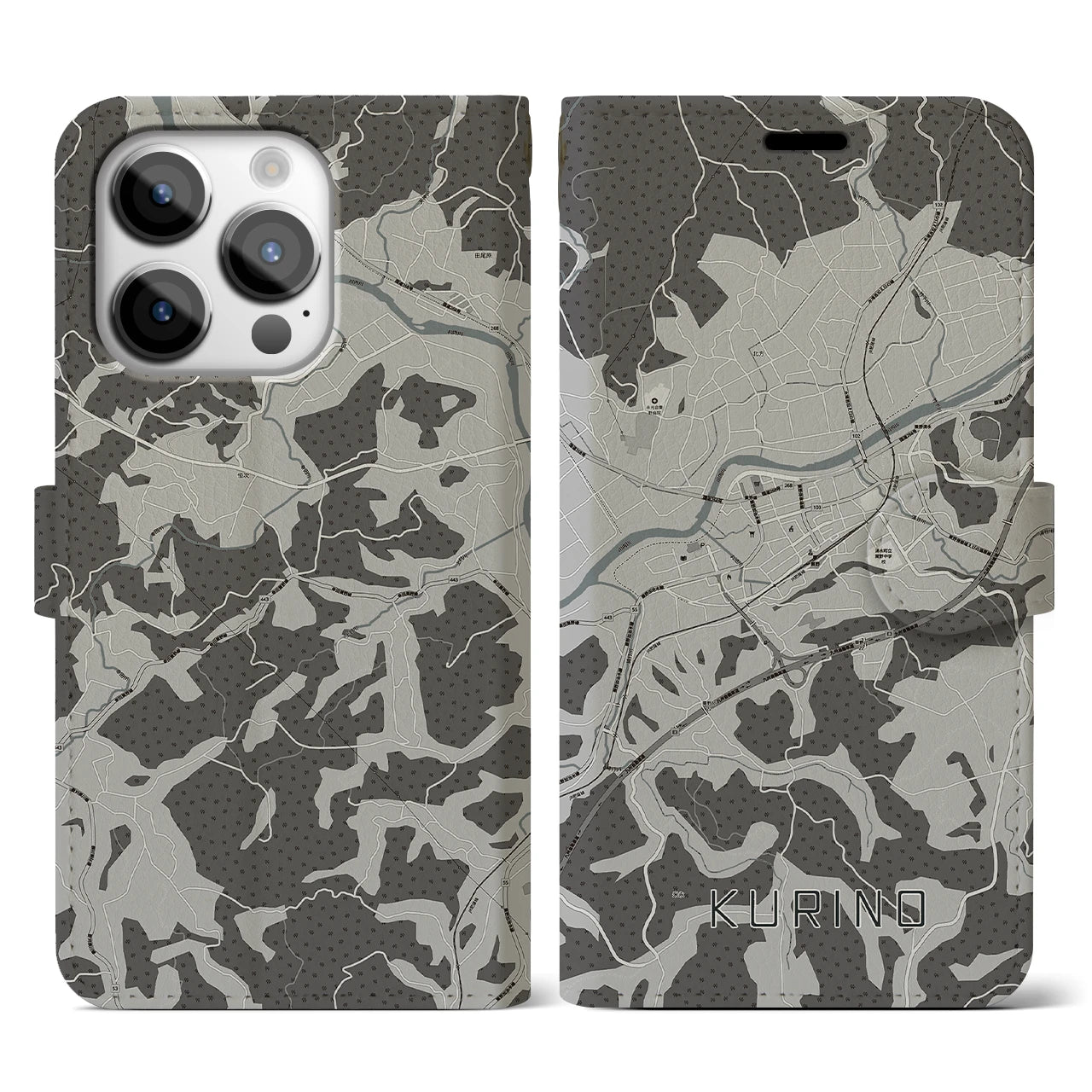 【栗野(鹿児島県)】地図柄iPhoneケース(手帳タイプ)モノトーン・iPhone 14 Pro 用