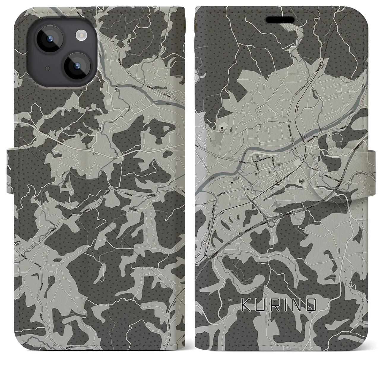 【栗野(鹿児島県)】地図柄iPhoneケース(手帳タイプ)モノトーン・iPhone 14 Plus 用