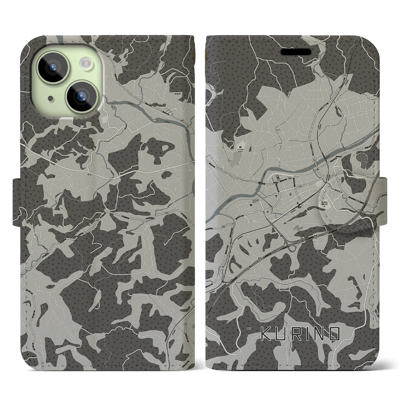 【栗野(鹿児島県)】地図柄iPhoneケース(手帳タイプ)モノトーン・iPhone 15 用