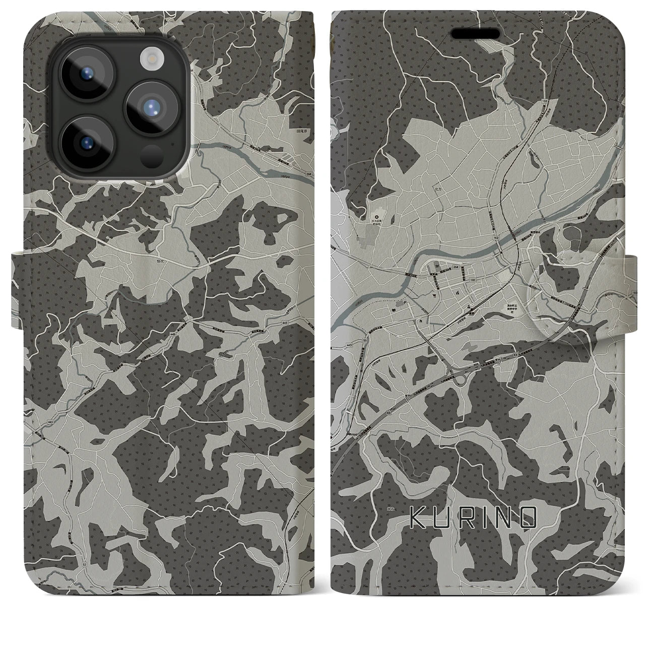 【栗野(鹿児島県)】地図柄iPhoneケース(手帳タイプ)モノトーン・iPhone 15 Pro Max 用