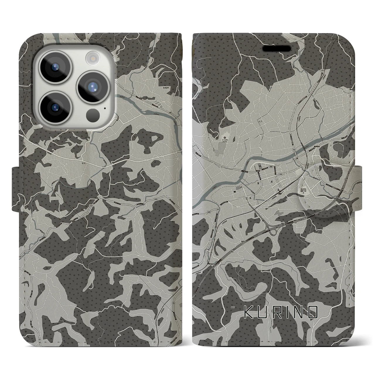 【栗野(鹿児島県)】地図柄iPhoneケース(手帳タイプ)モノトーン・iPhone 15 Pro 用