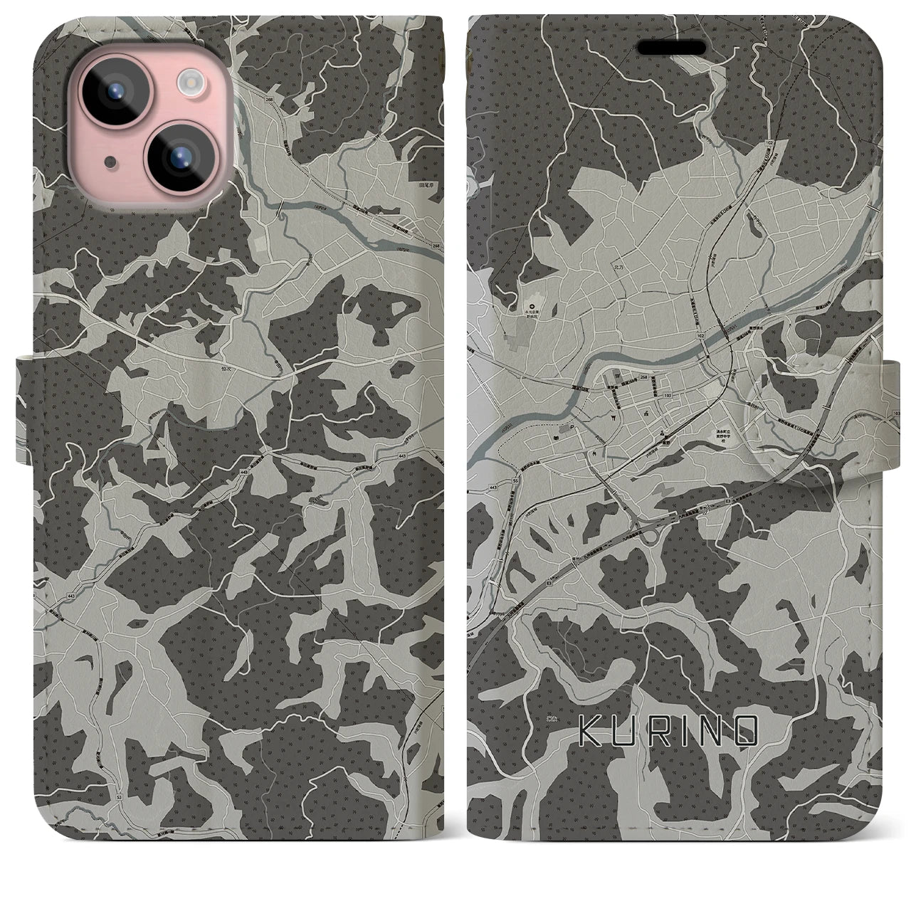 【栗野(鹿児島県)】地図柄iPhoneケース(手帳タイプ)モノトーン・iPhone 15 Plus 用