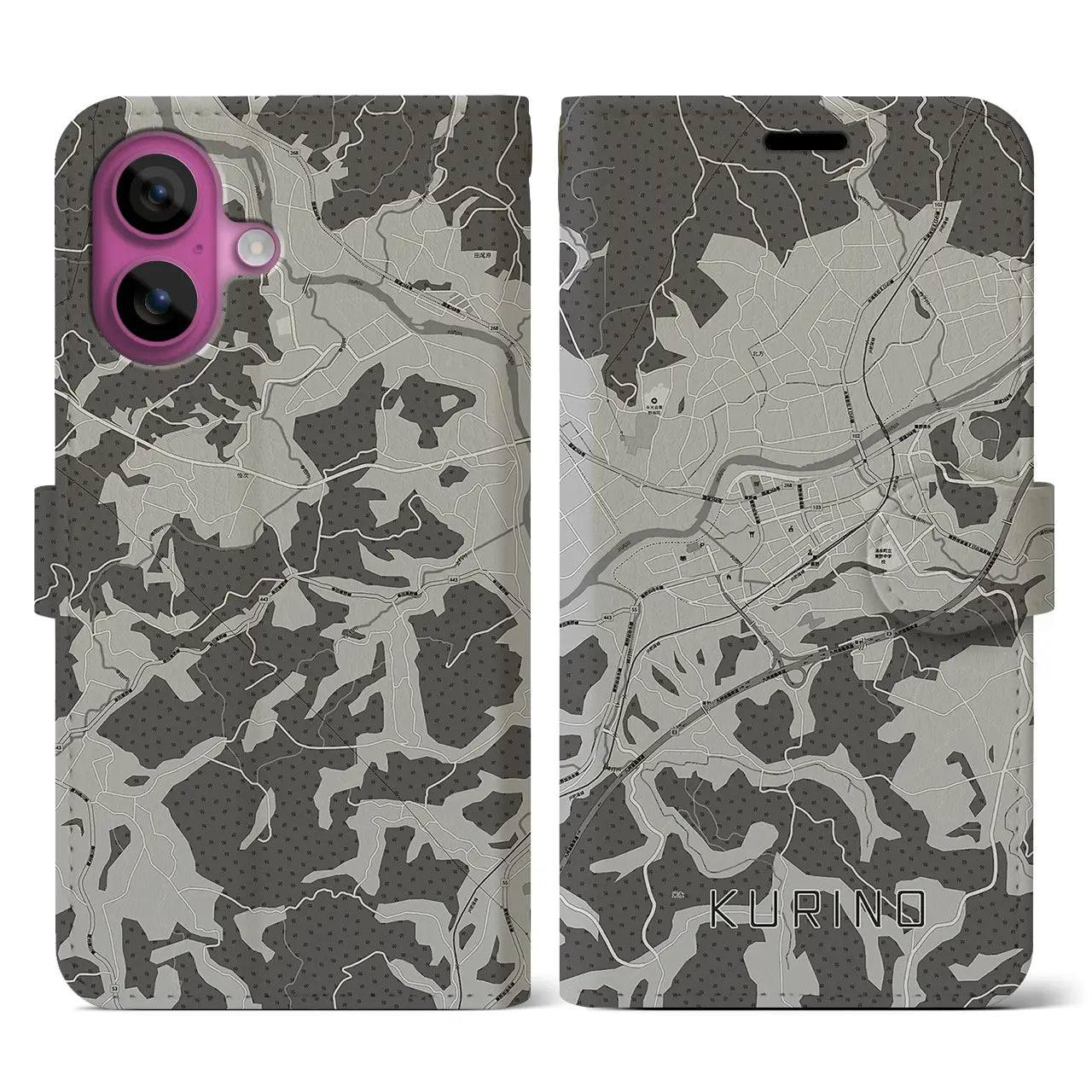 【栗野(鹿児島県)】地図柄iPhoneケース(手帳タイプ)モノトーン・iPhone 16 Pro 用