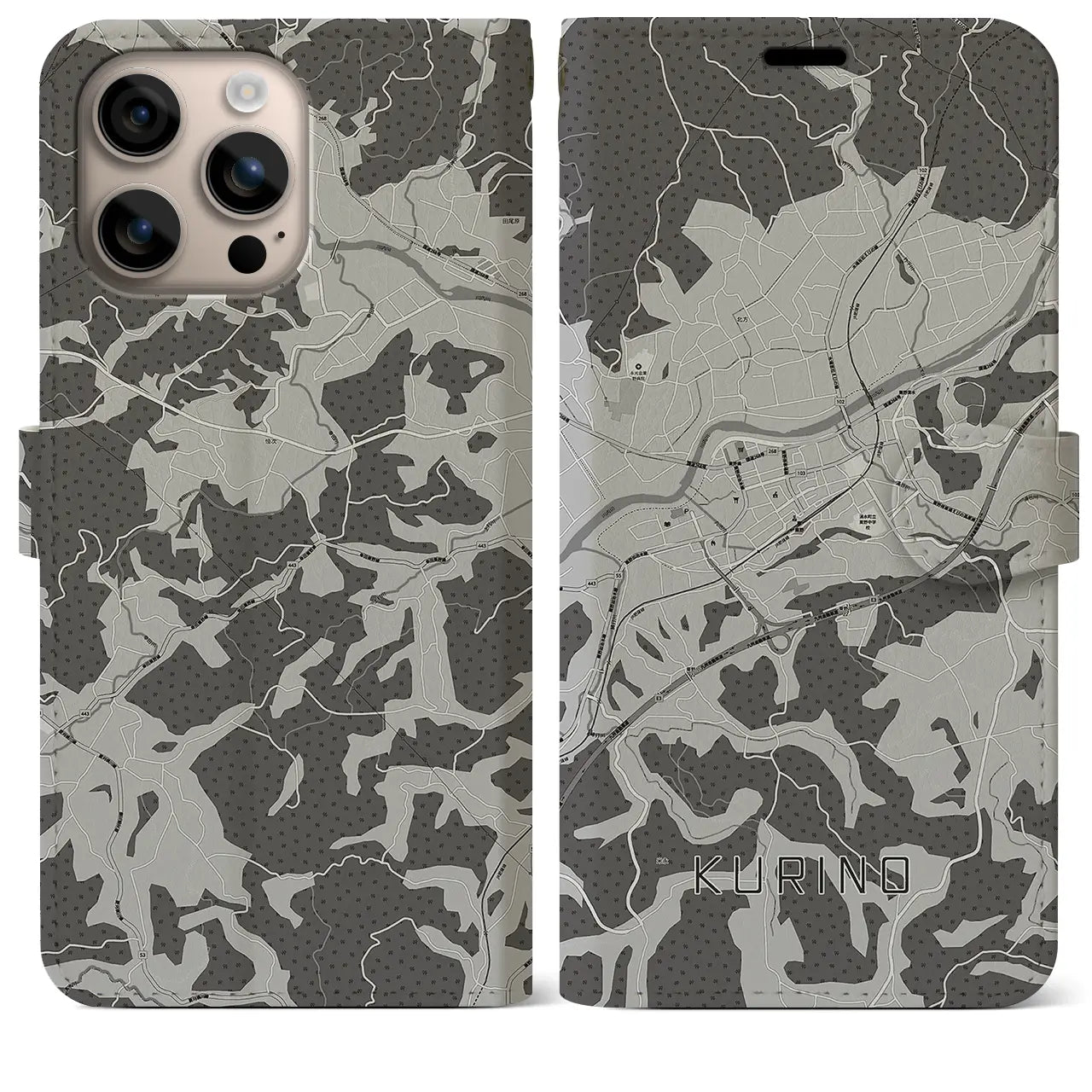 【栗野(鹿児島県)】地図柄iPhoneケース(手帳タイプ)モノトーン・iPhone 16 Plus 用