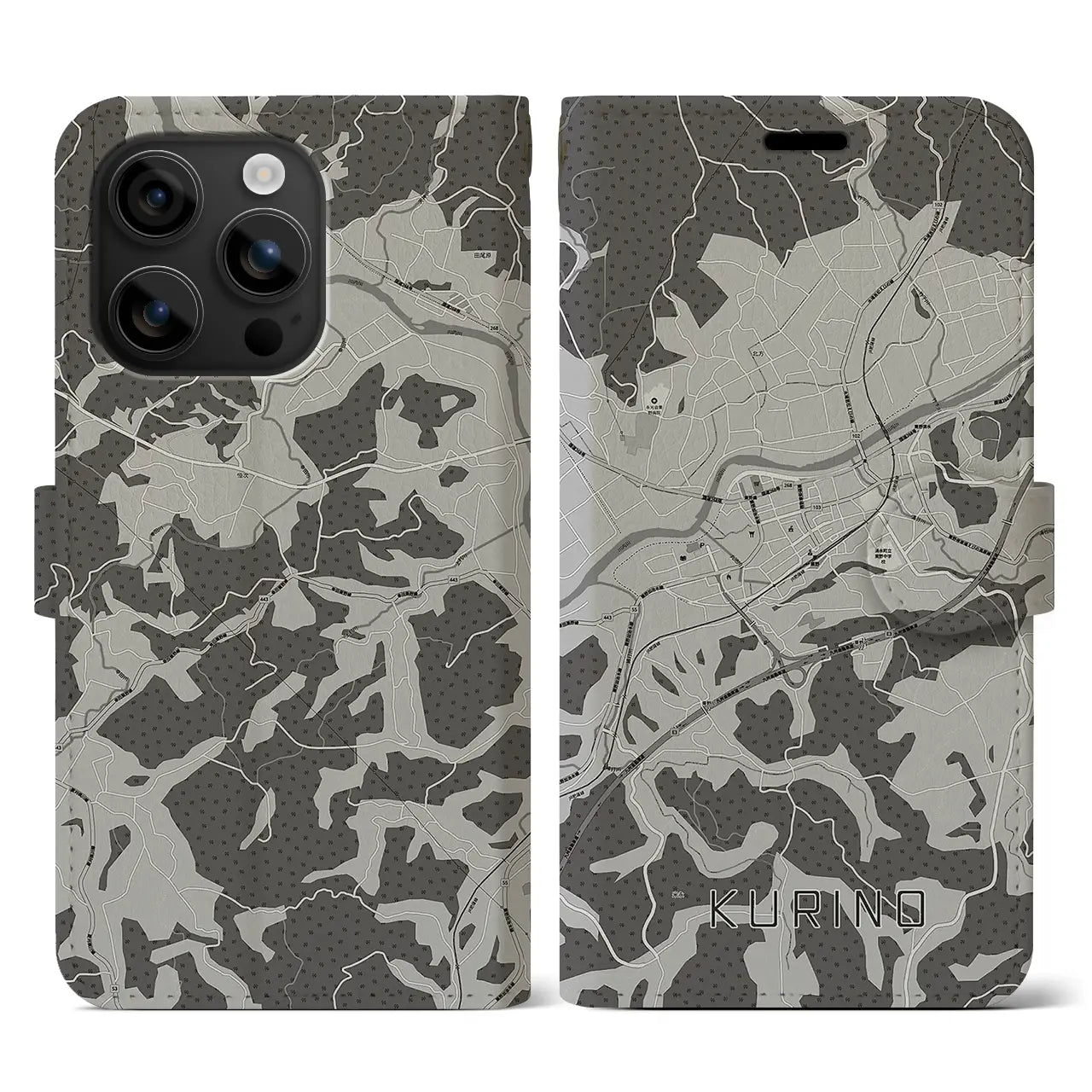 【栗野(鹿児島県)】地図柄iPhoneケース(手帳タイプ)モノトーン・iPhone 16 用