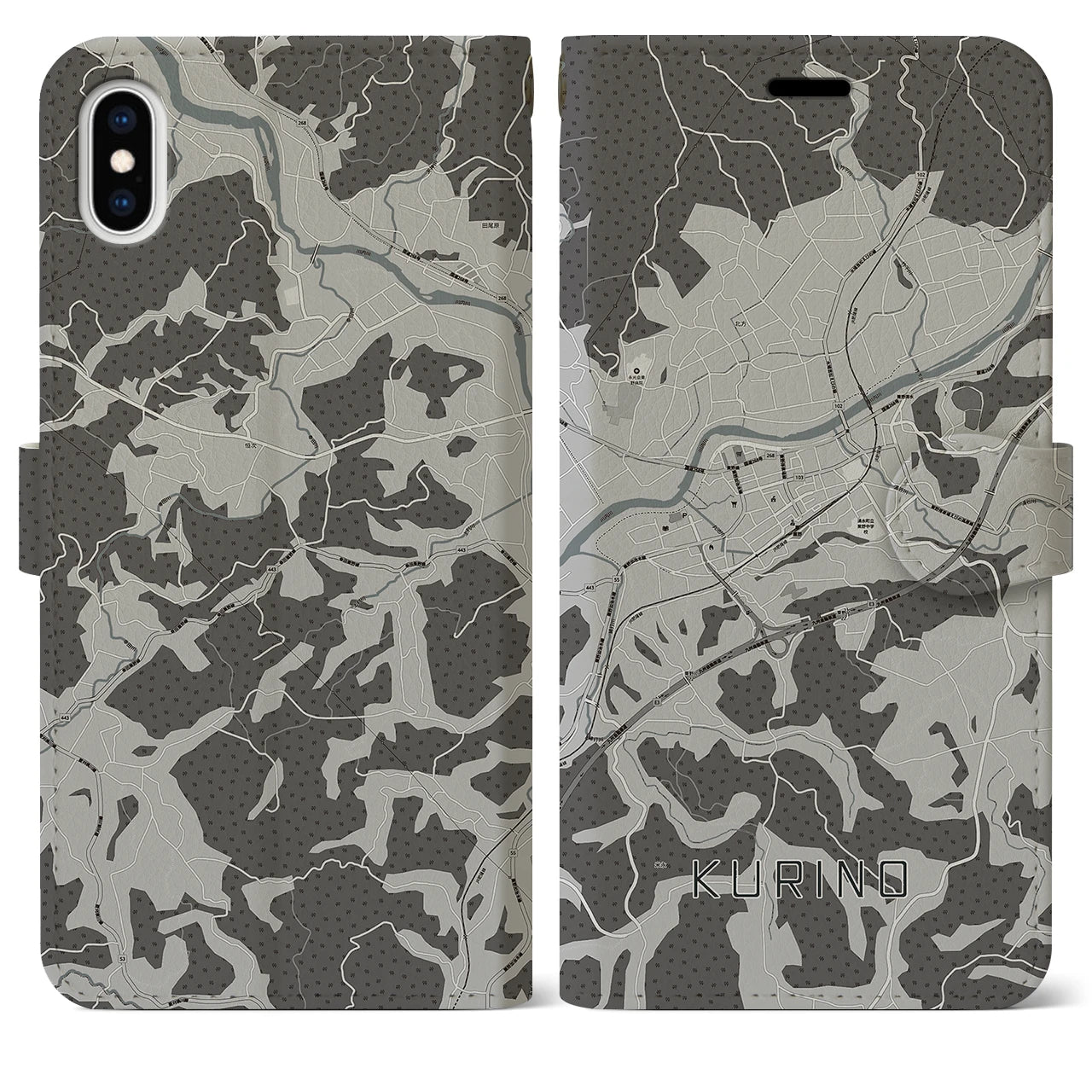 【栗野(鹿児島県)】地図柄iPhoneケース(手帳タイプ)モノトーン・iPhone XS Max 用