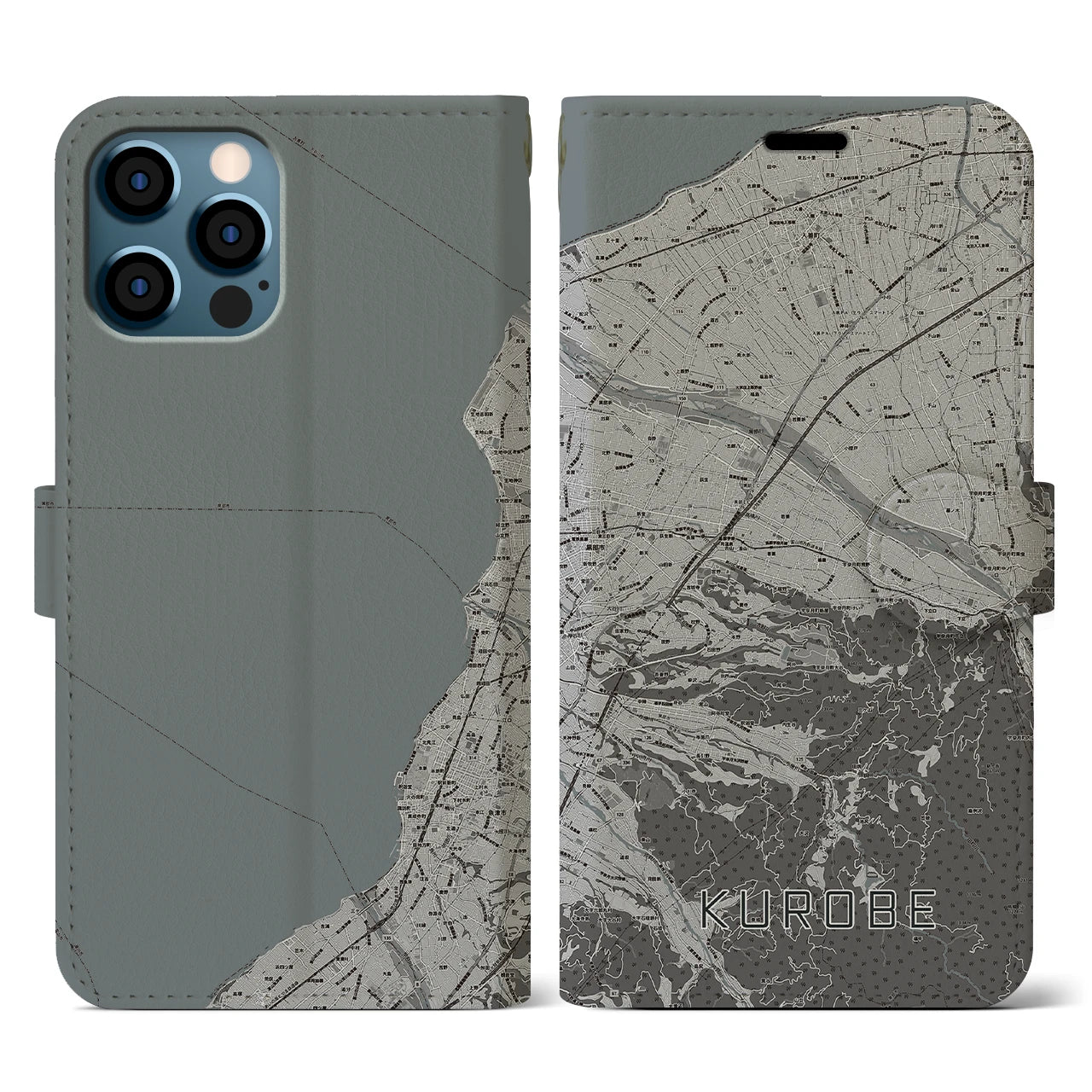 【黒部(富山県)】地図柄iPhoneケース(手帳タイプ)モノトーン・iPhone 12 / 12 Pro 用