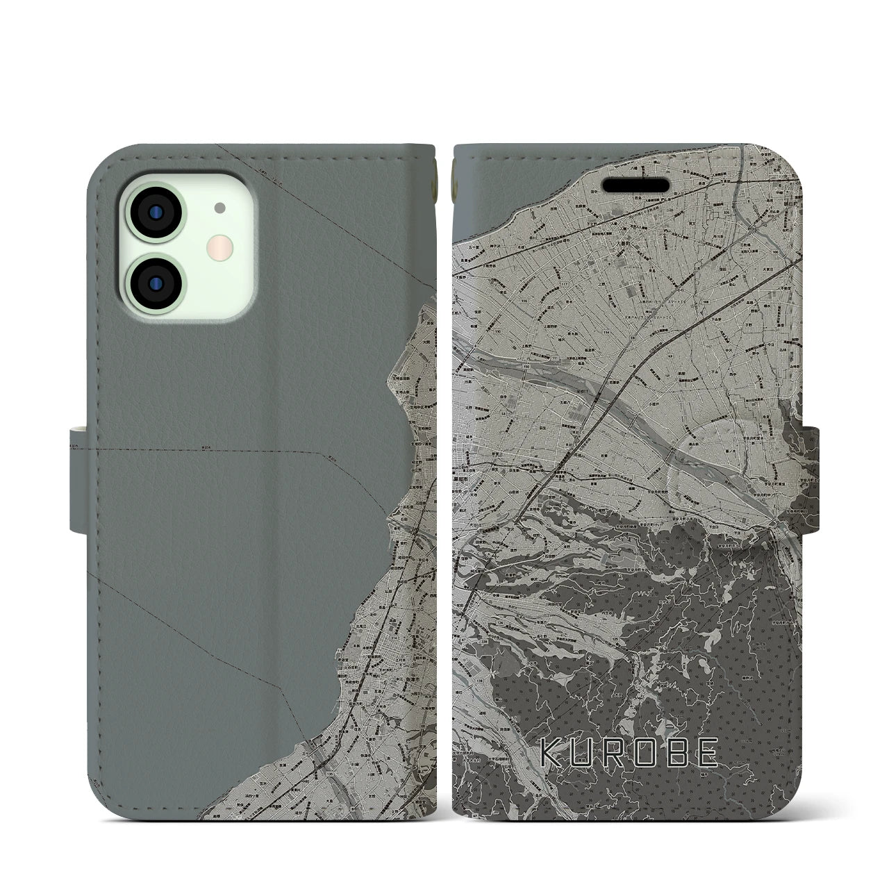 【黒部(富山県)】地図柄iPhoneケース(手帳タイプ)モノトーン・iPhone 12 mini 用