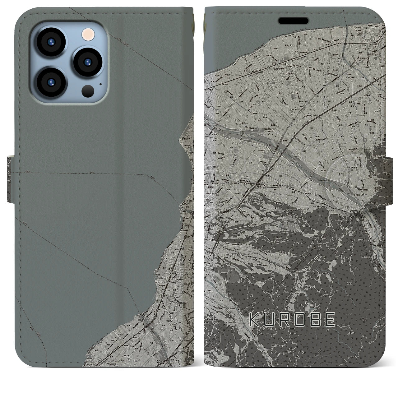 【黒部(富山県)】地図柄iPhoneケース(手帳タイプ)モノトーン・iPhone 13 Pro Max 用