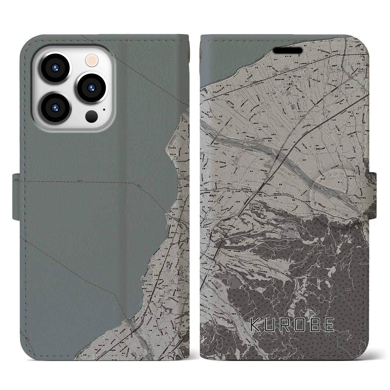 【黒部(富山県)】地図柄iPhoneケース(手帳タイプ)モノトーン・iPhone 13 Pro 用