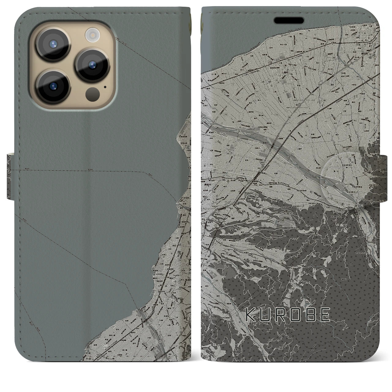 【黒部(富山県)】地図柄iPhoneケース(手帳タイプ)モノトーン・iPhone 14 Pro Max 用