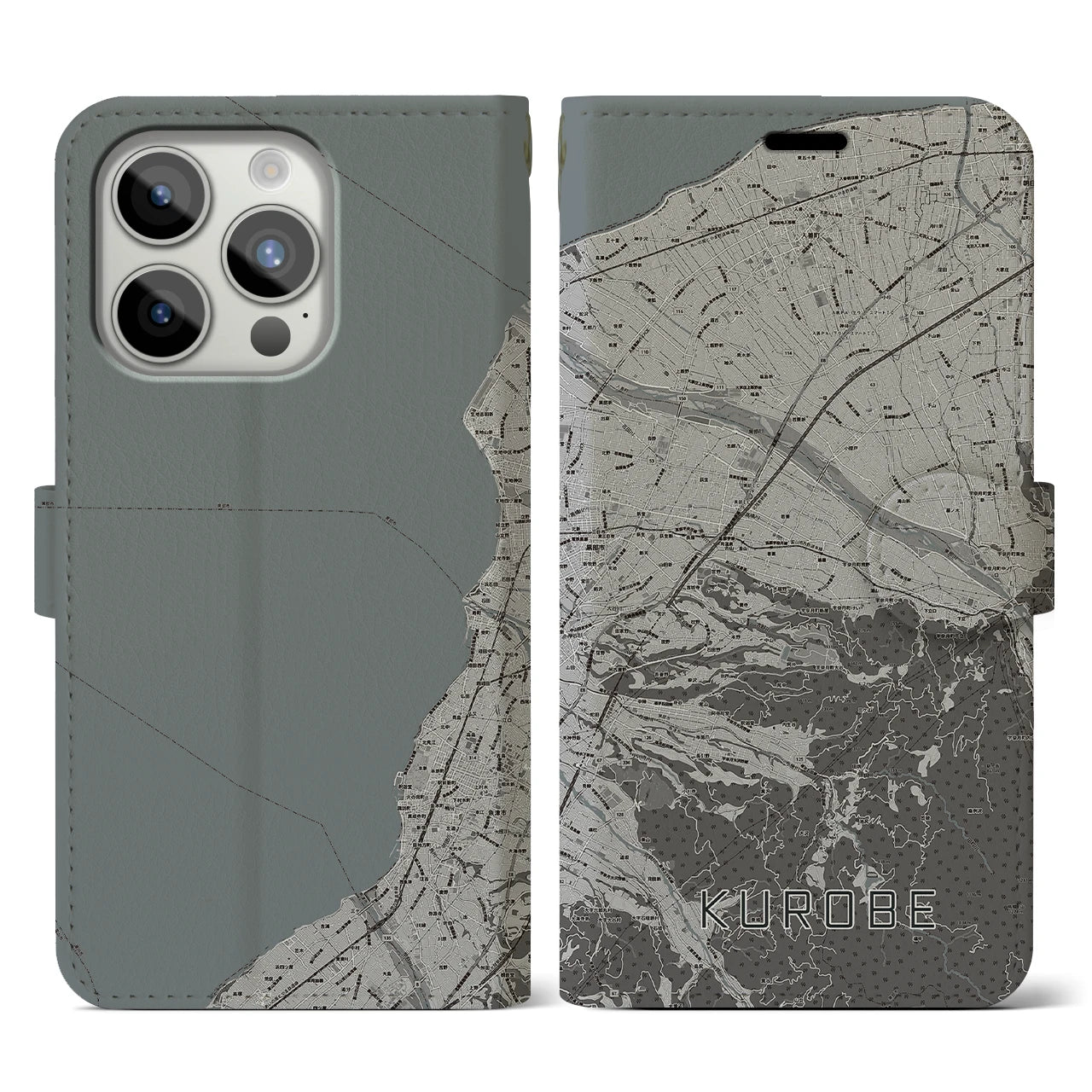 【黒部(富山県)】地図柄iPhoneケース(手帳タイプ)モノトーン・iPhone 15 Pro 用