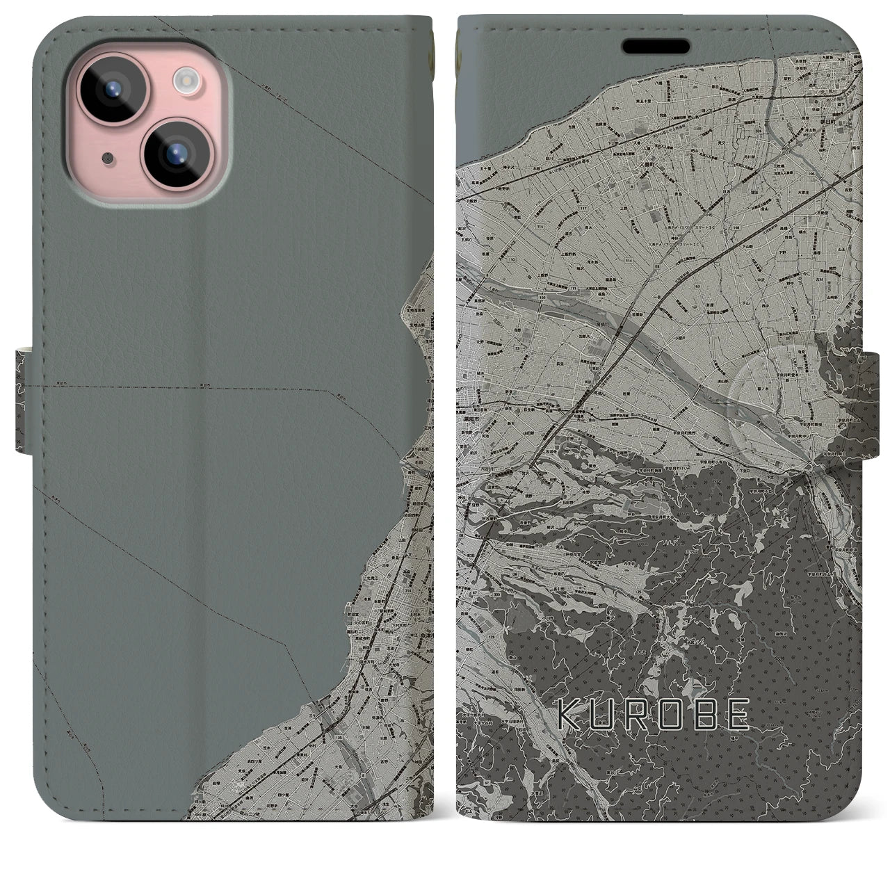 【黒部(富山県)】地図柄iPhoneケース(手帳タイプ)モノトーン・iPhone 15 Plus 用
