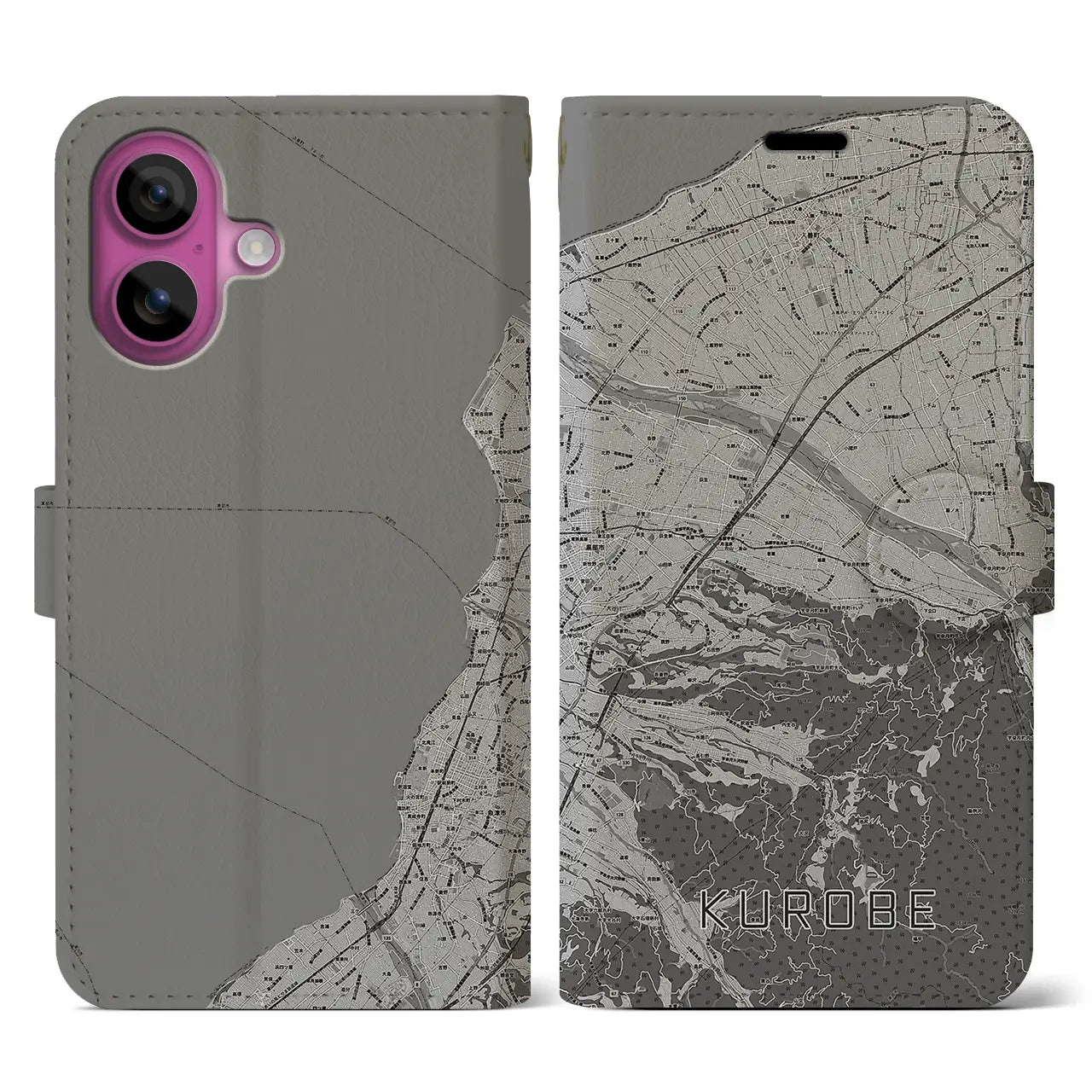 【黒部(富山県)】地図柄iPhoneケース(手帳タイプ)モノトーン・iPhone 16 Pro 用