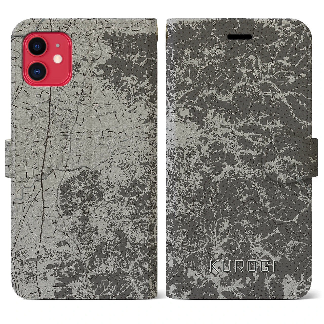 【黒木(福岡県)】地図柄iPhoneケース(手帳タイプ)モノトーン・iPhone 11 用