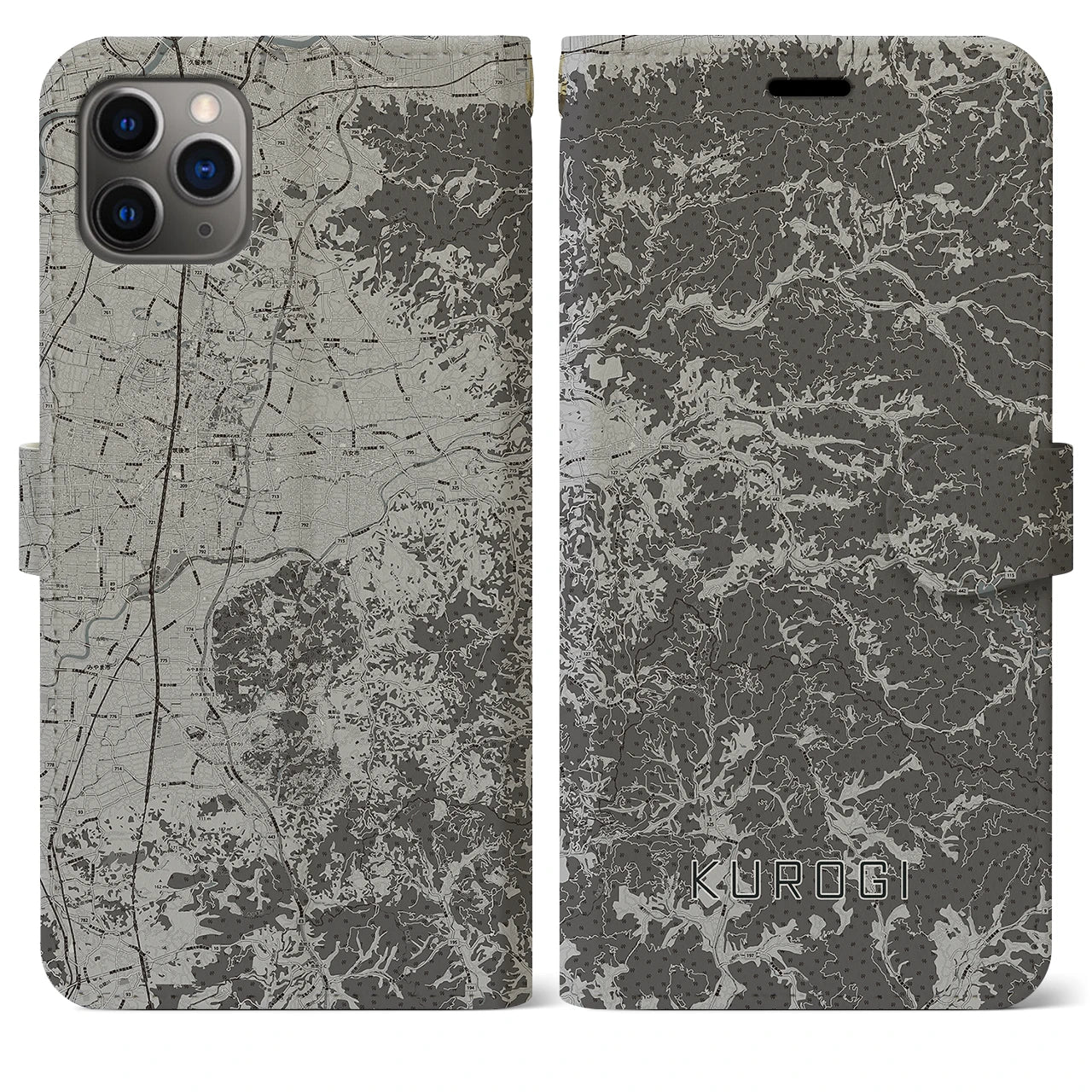 【黒木(福岡県)】地図柄iPhoneケース(手帳タイプ)モノトーン・iPhone 11 Pro Max 用
