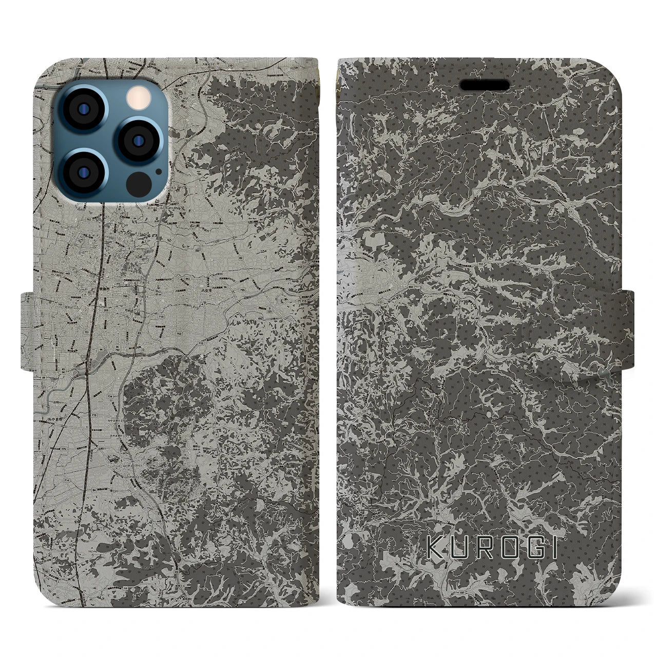 【黒木(福岡県)】地図柄iPhoneケース(手帳タイプ)モノトーン・iPhone 12 / 12 Pro 用