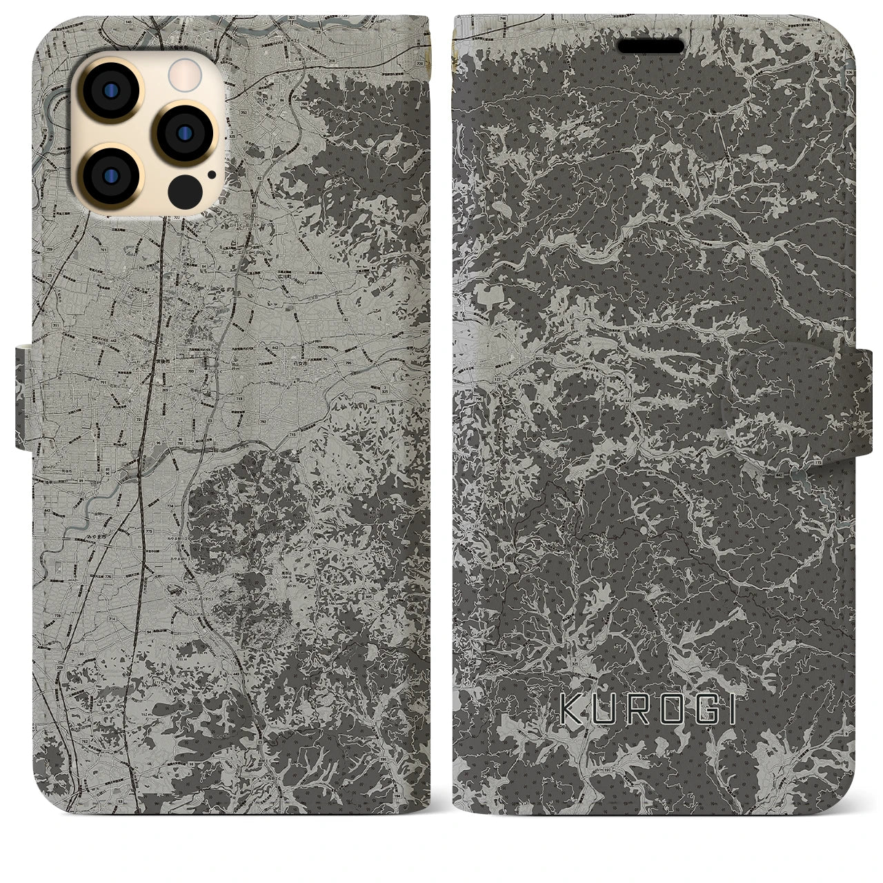 【黒木(福岡県)】地図柄iPhoneケース(手帳タイプ)モノトーン・iPhone 12 Pro Max 用
