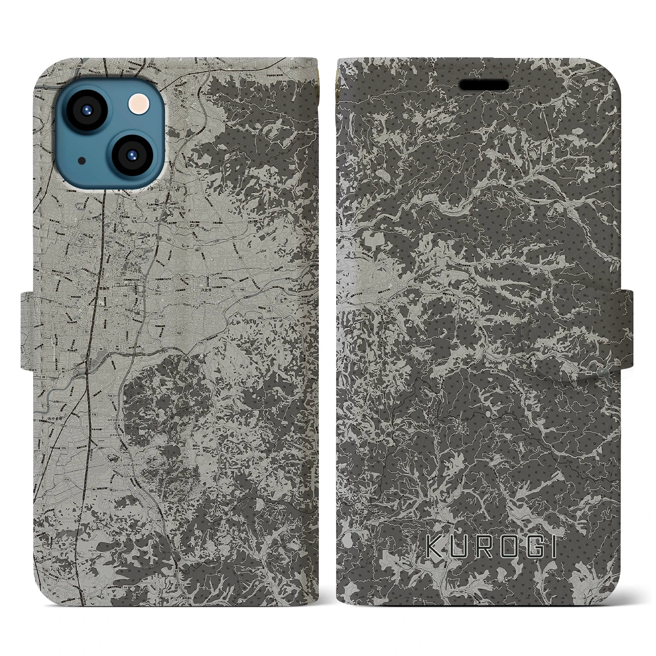 【黒木(福岡県)】地図柄iPhoneケース(手帳タイプ)モノトーン・iPhone 13 用