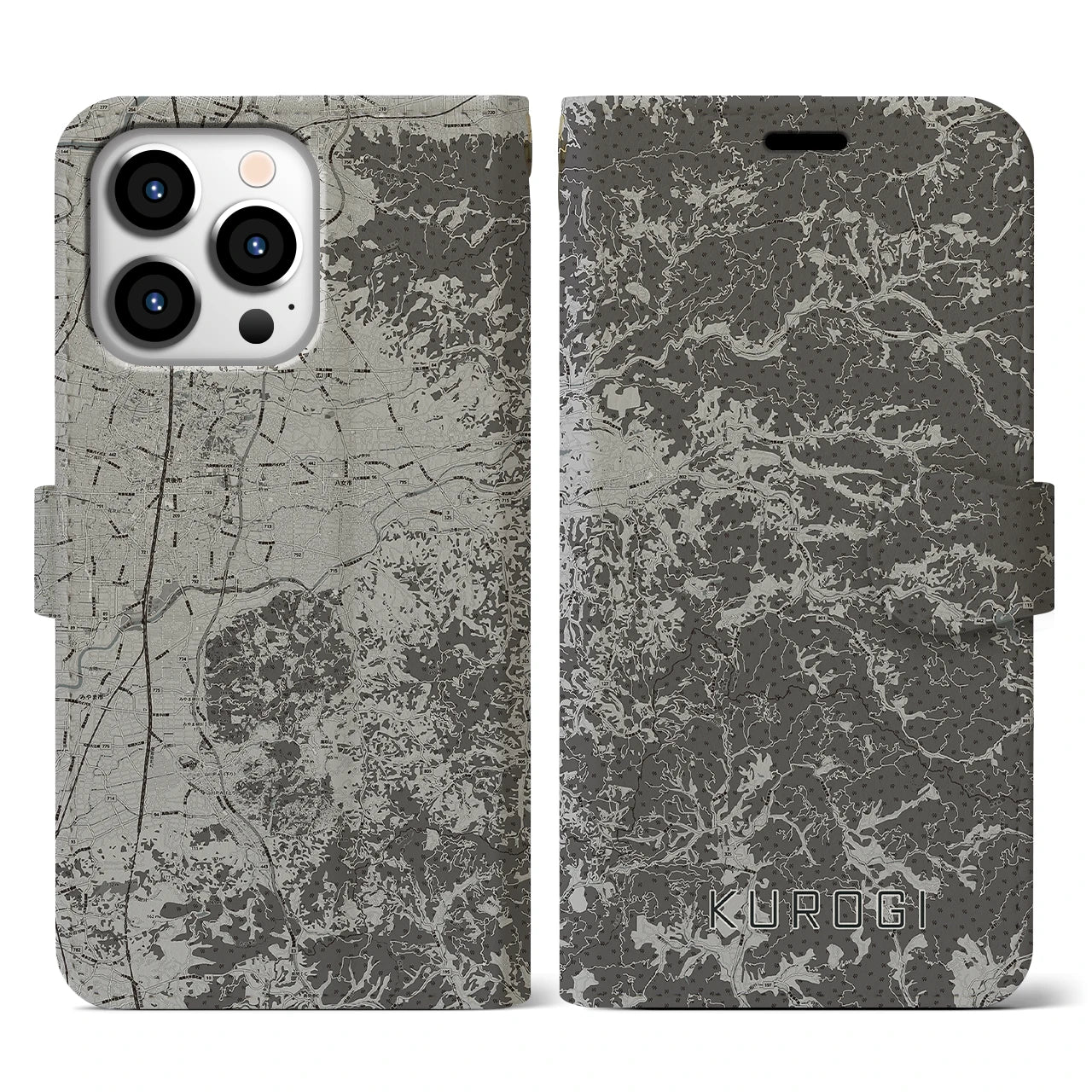 【黒木(福岡県)】地図柄iPhoneケース(手帳タイプ)モノトーン・iPhone 13 Pro 用
