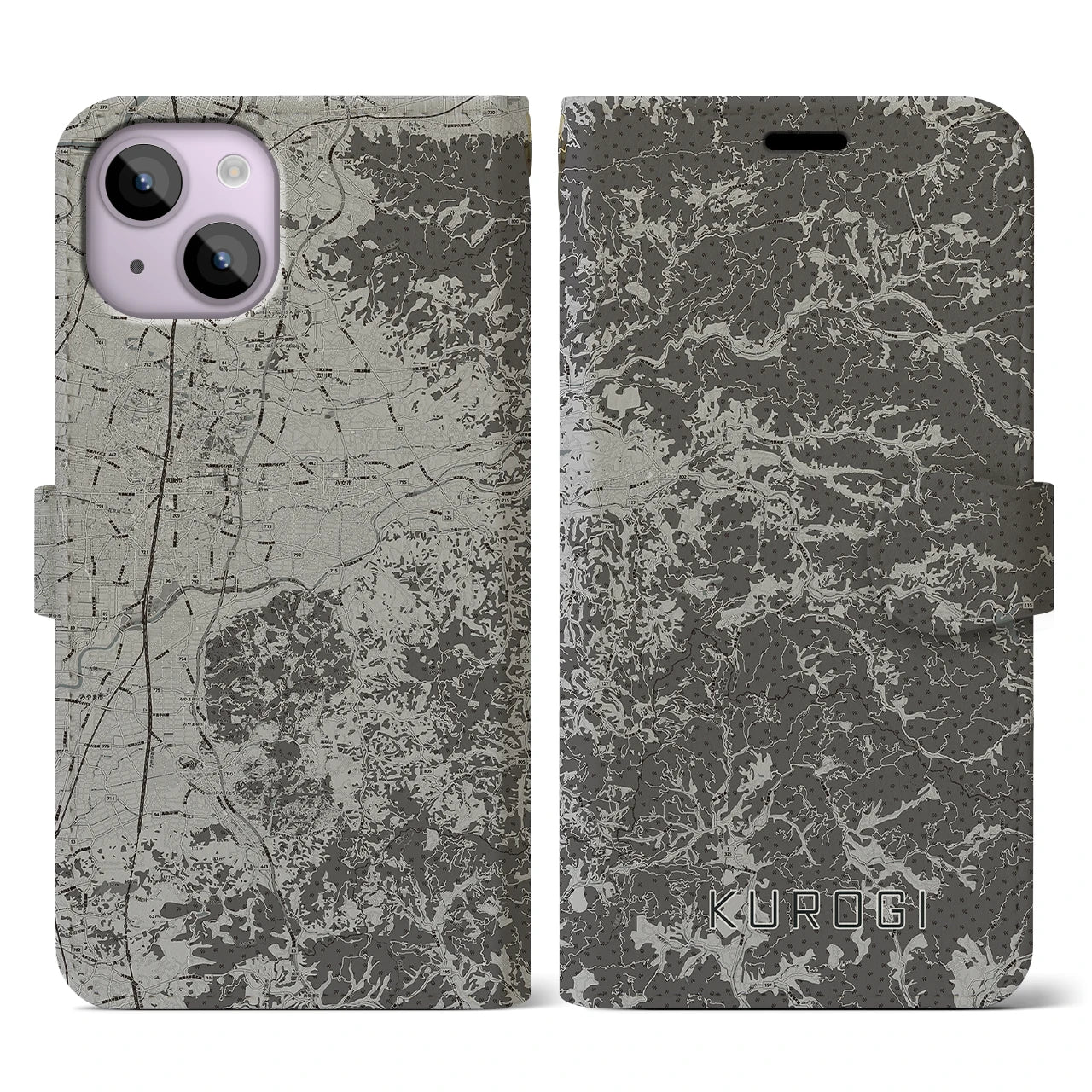 【黒木(福岡県)】地図柄iPhoneケース(手帳タイプ)モノトーン・iPhone 14 用