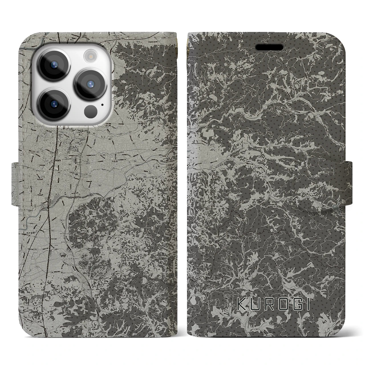 【黒木(福岡県)】地図柄iPhoneケース(手帳タイプ)モノトーン・iPhone 14 Pro 用