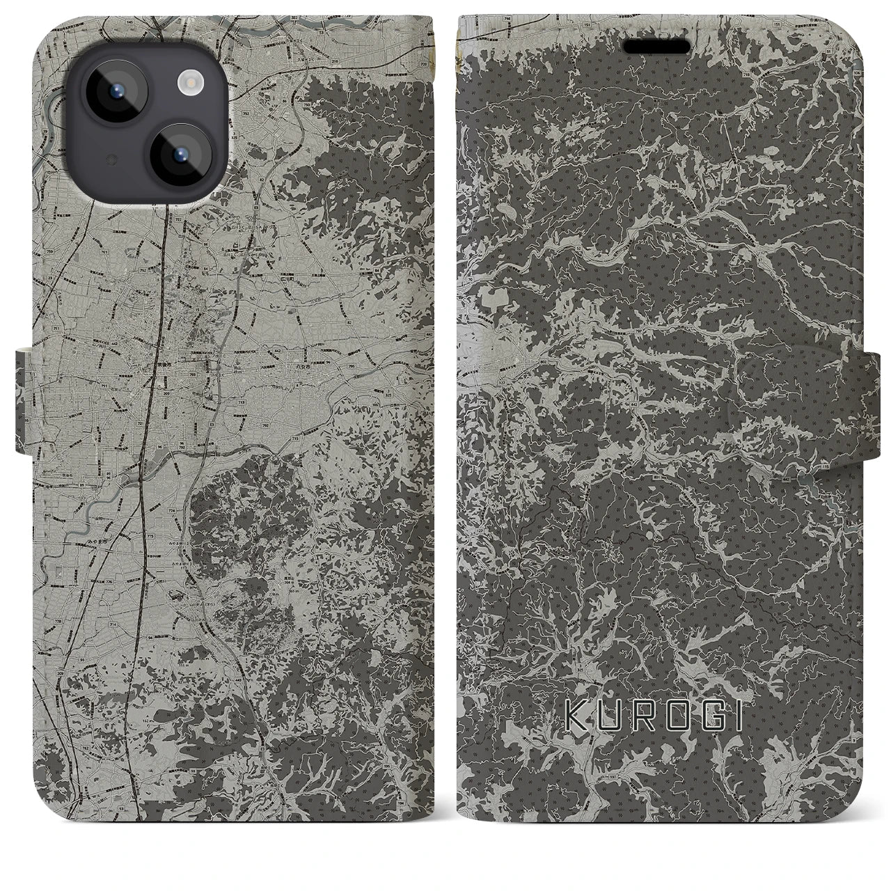 【黒木(福岡県)】地図柄iPhoneケース(手帳タイプ)モノトーン・iPhone 14 Plus 用