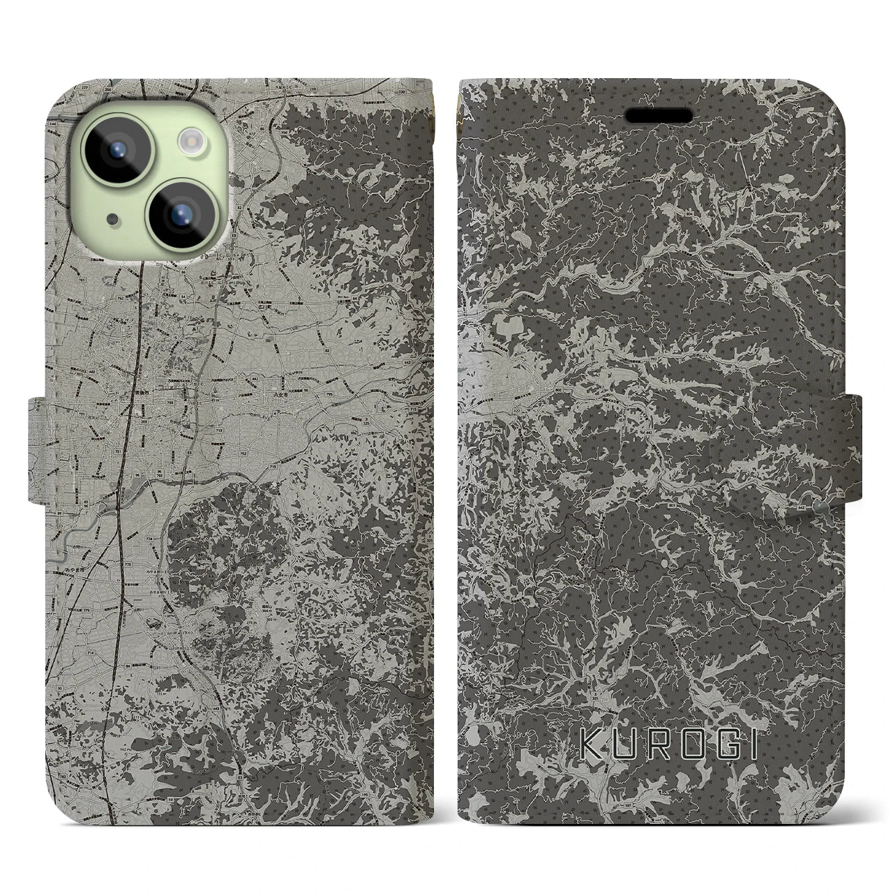 【黒木(福岡県)】地図柄iPhoneケース(手帳タイプ)モノトーン・iPhone 15 用