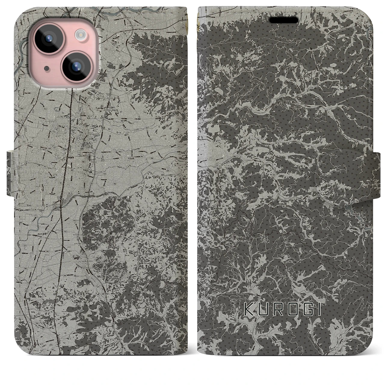 【黒木(福岡県)】地図柄iPhoneケース(手帳タイプ)モノトーン・iPhone 15 Plus 用