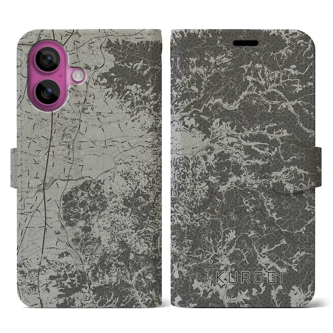 【黒木(福岡県)】地図柄iPhoneケース(手帳タイプ)モノトーン・iPhone 16 Pro 用