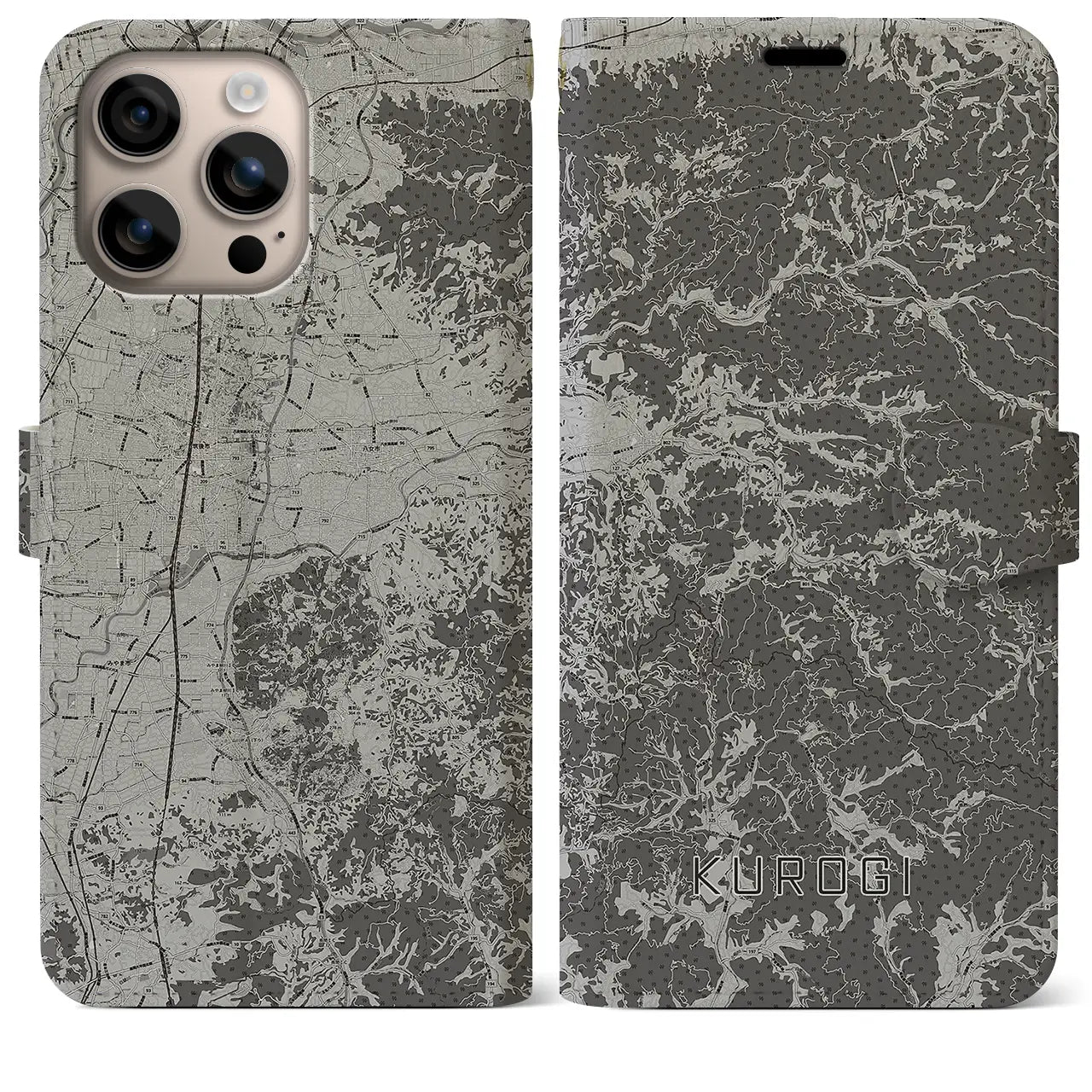 【黒木(福岡県)】地図柄iPhoneケース(手帳タイプ)モノトーン・iPhone 16 Plus 用