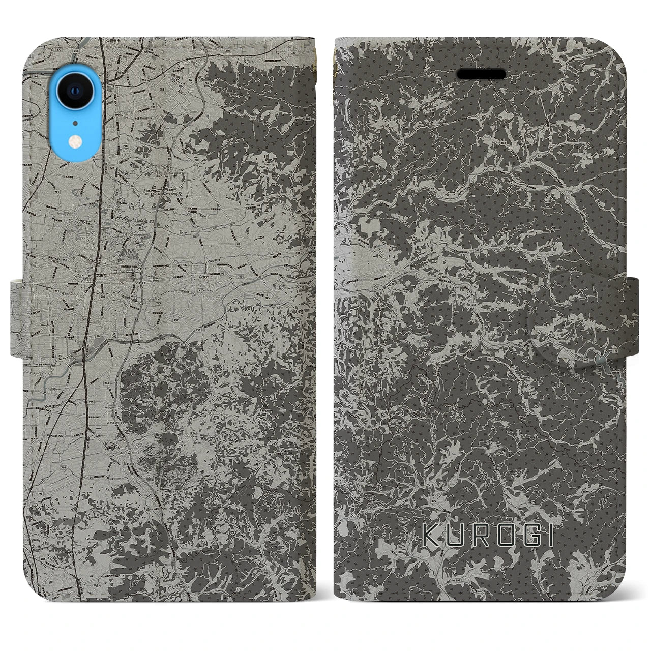 【黒木(福岡県)】地図柄iPhoneケース(手帳タイプ)モノトーン・iPhone XR 用