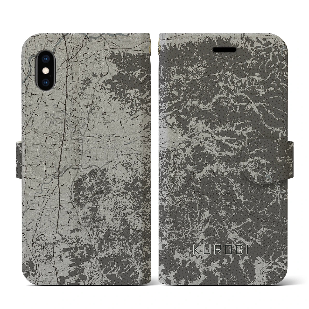 【黒木(福岡県)】地図柄iPhoneケース(手帳タイプ)モノトーン・iPhone XS / X 用