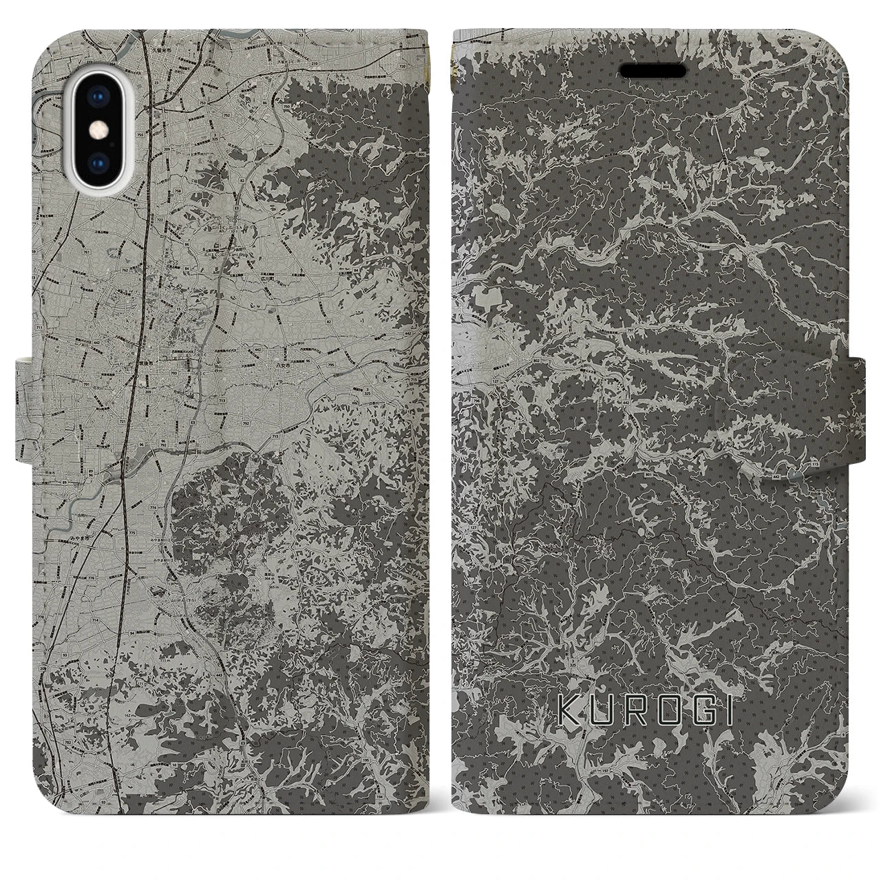 【黒木(福岡県)】地図柄iPhoneケース(手帳タイプ)モノトーン・iPhone XS Max 用